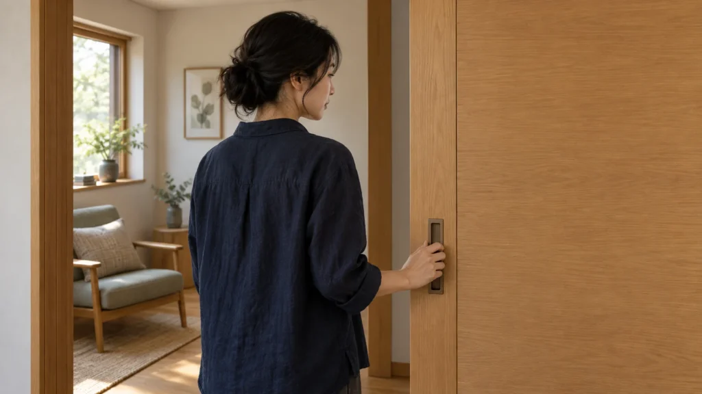 木製の引き戸の取っ手に手を添え、静かな部屋に立つ女性