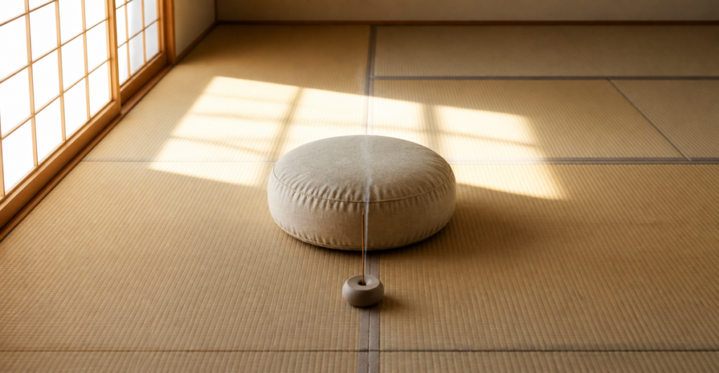 畳の部屋に置かれた丸い座布団と、細く煙の立つ小さな香立て。障子から差す朝の光