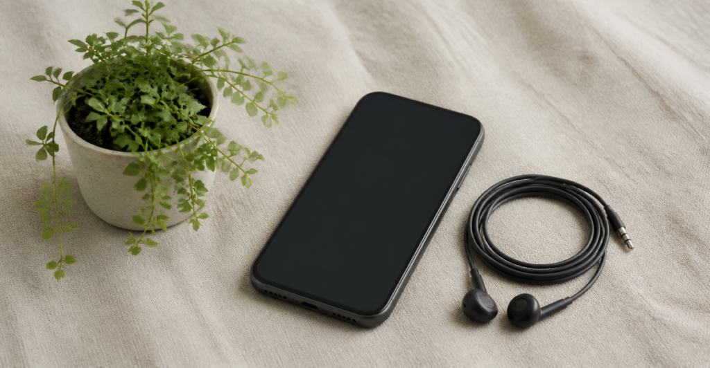 スマートフォンと有線イヤホン、小さな鉢植え