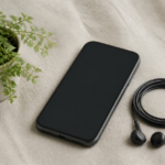 スマートフォンと有線イヤホン、小さな鉢植え