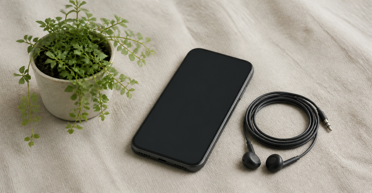 スマートフォンと有線イヤホン、小さな鉢植え